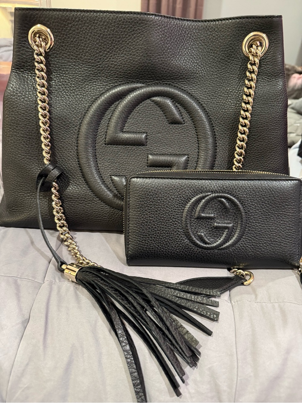 Gucci Black Leather Soho Shoulder Bag and matching wallet